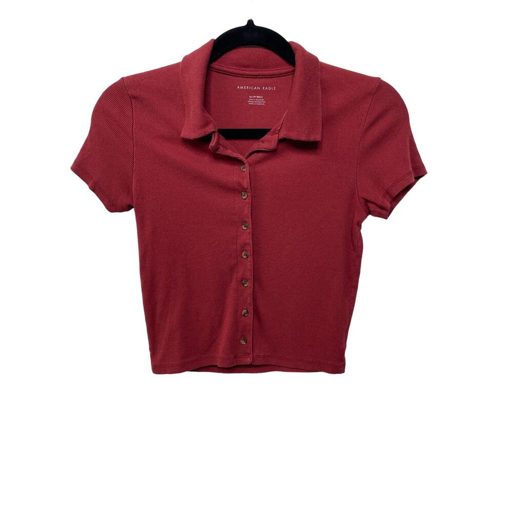 American‎ Eagle Outfitters Knit Cropped Button Down Shirt Burgundy Womens XS Y2K